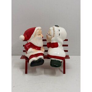 Vintage Santa & Mrs. Claus Ceramic Salt & Pepper Shakers With Red Bench Christma
